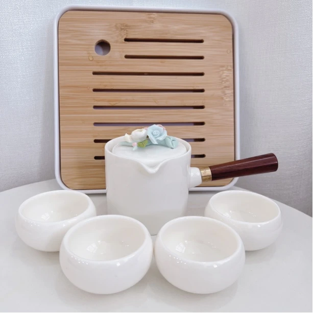 羊脂玉瓷纯白瓷传统手工捏花侧把壶家用一壶四杯茶具六件套组