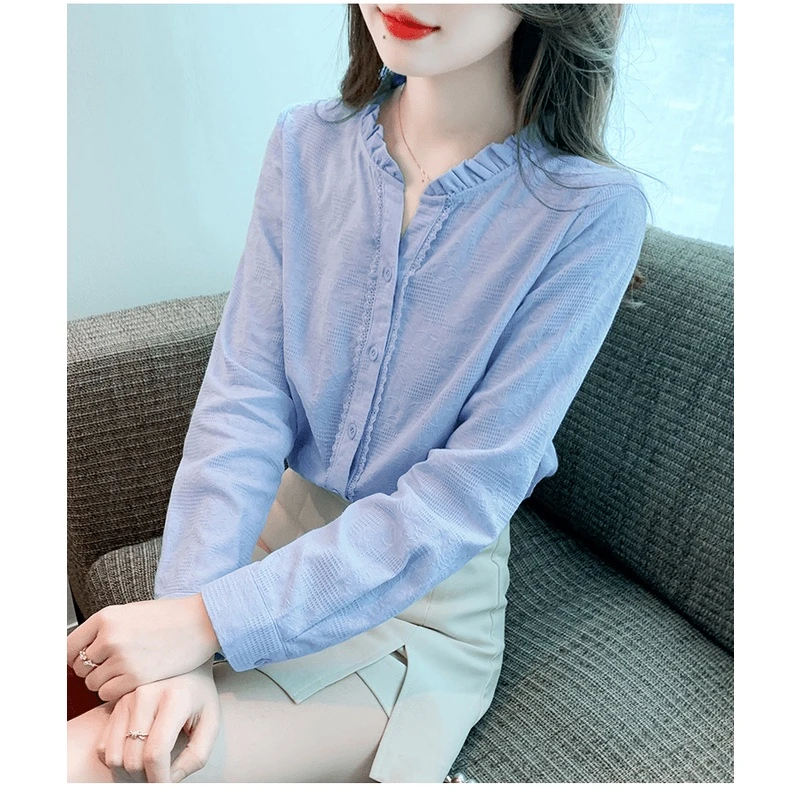 立领长袖纯棉衬衫女秋装2024秋季新款洋气设计感百搭女士上衣小衫