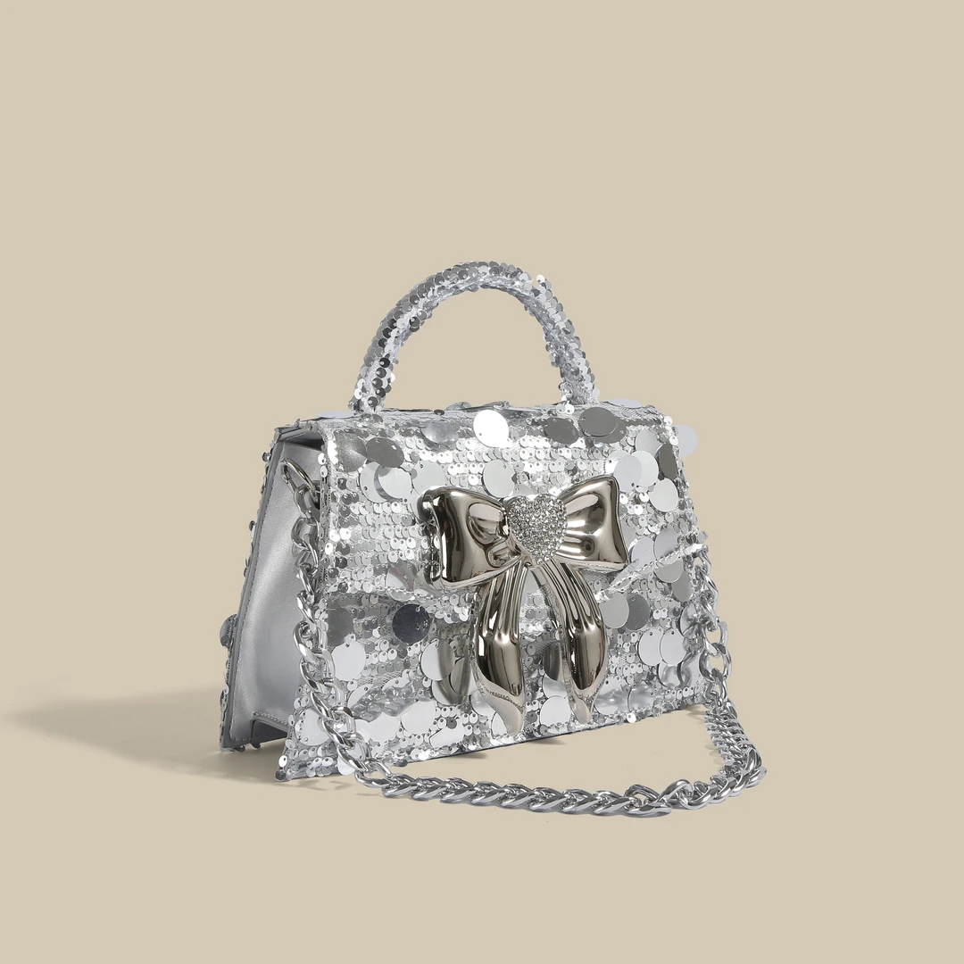 女包名媛亮片链条小方包2024新款女士包包轻奢百搭蝴蝶结手提包