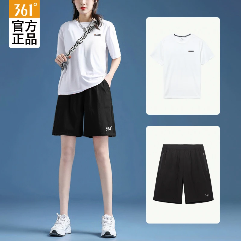 361运动套装短裤女款五分裤秋季黑色速干休闲健身裤跑步大码短袖