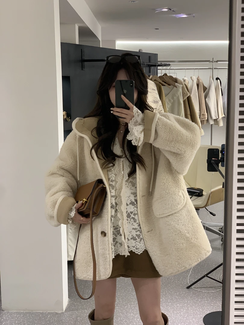 鱼er【小甜豆】设计师高定秋冬保暖宽松加厚氛围感戴帽毛毛外套女