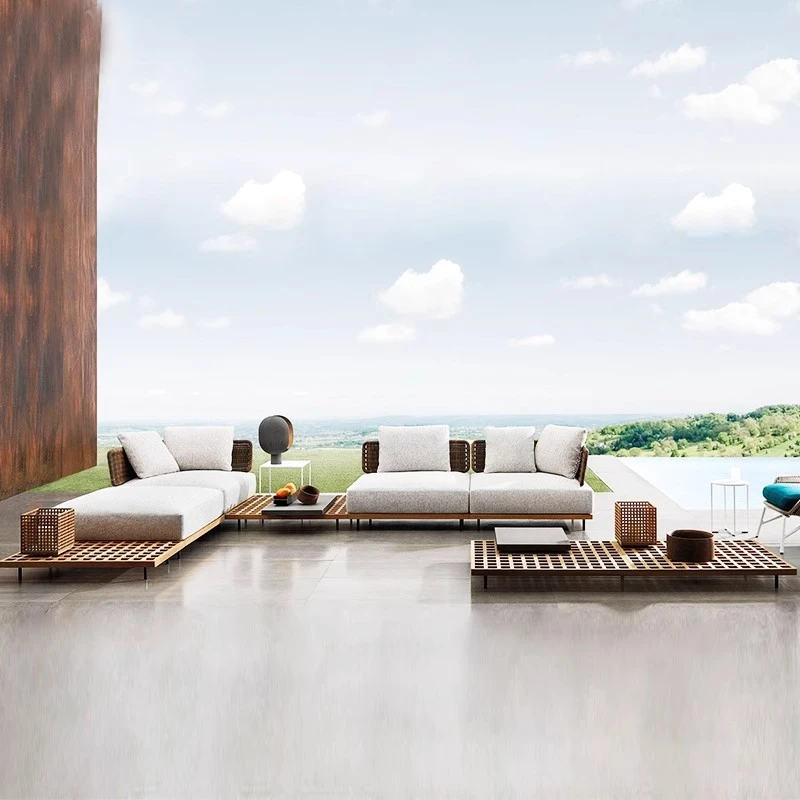 北欧酒店户外沙发柚木实木庭院休闲藤编别墅家具藤椅沙发露天室外