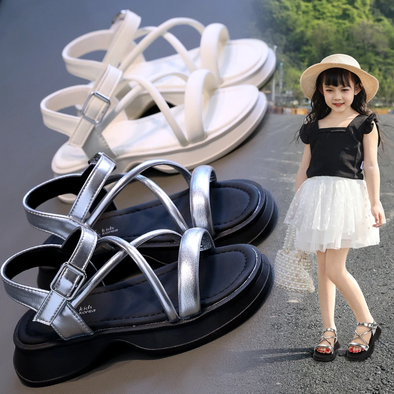 女童凉鞋2025年夏季新款百搭休闲银色公主鞋中大童沙滩鞋-866