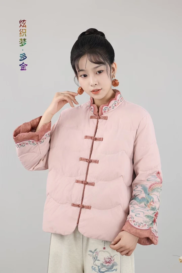 炫织梦多金24新冬款中式国风立领对襟盘扣刺绣喇叭袖凤凰花外套