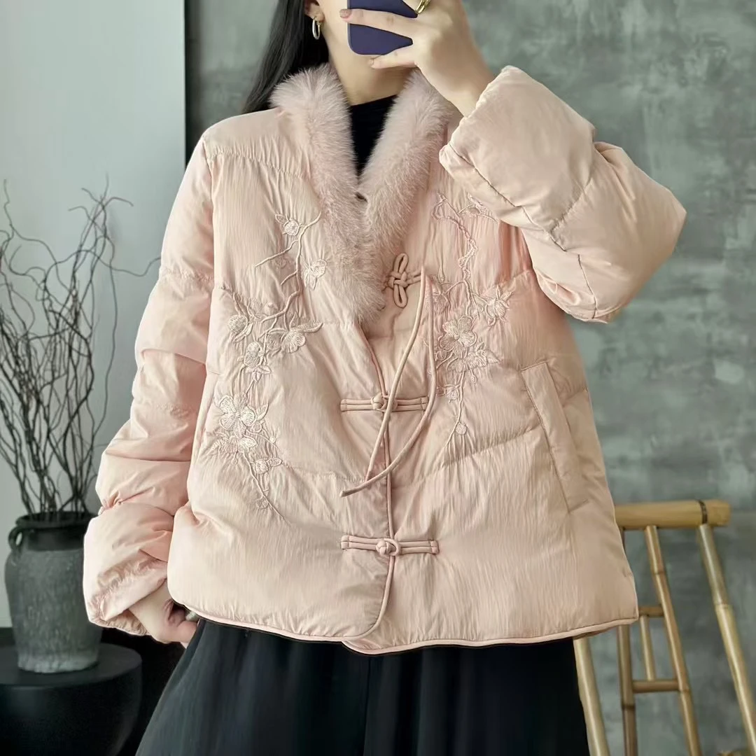 麻印女神国风冬季女24冬季狐狸毛领新款中式女士外套时尚2025加厚