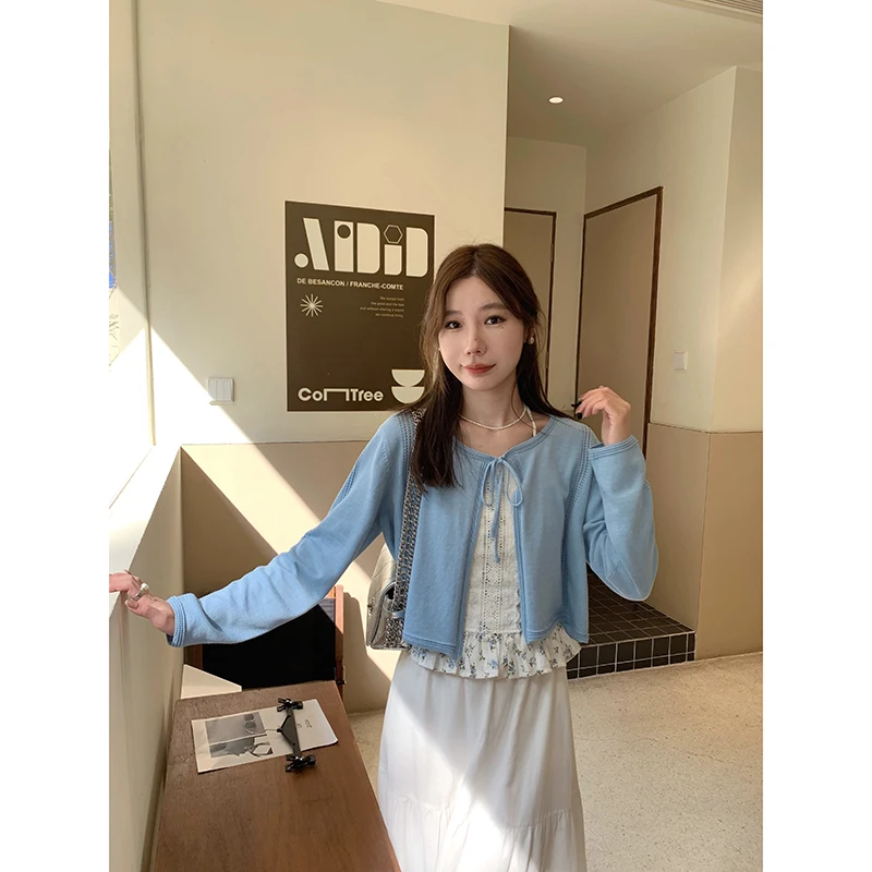 【慵懒穿搭】韩系针织开衫2024女宽松显瘦系带长袖上衣M23613Z43