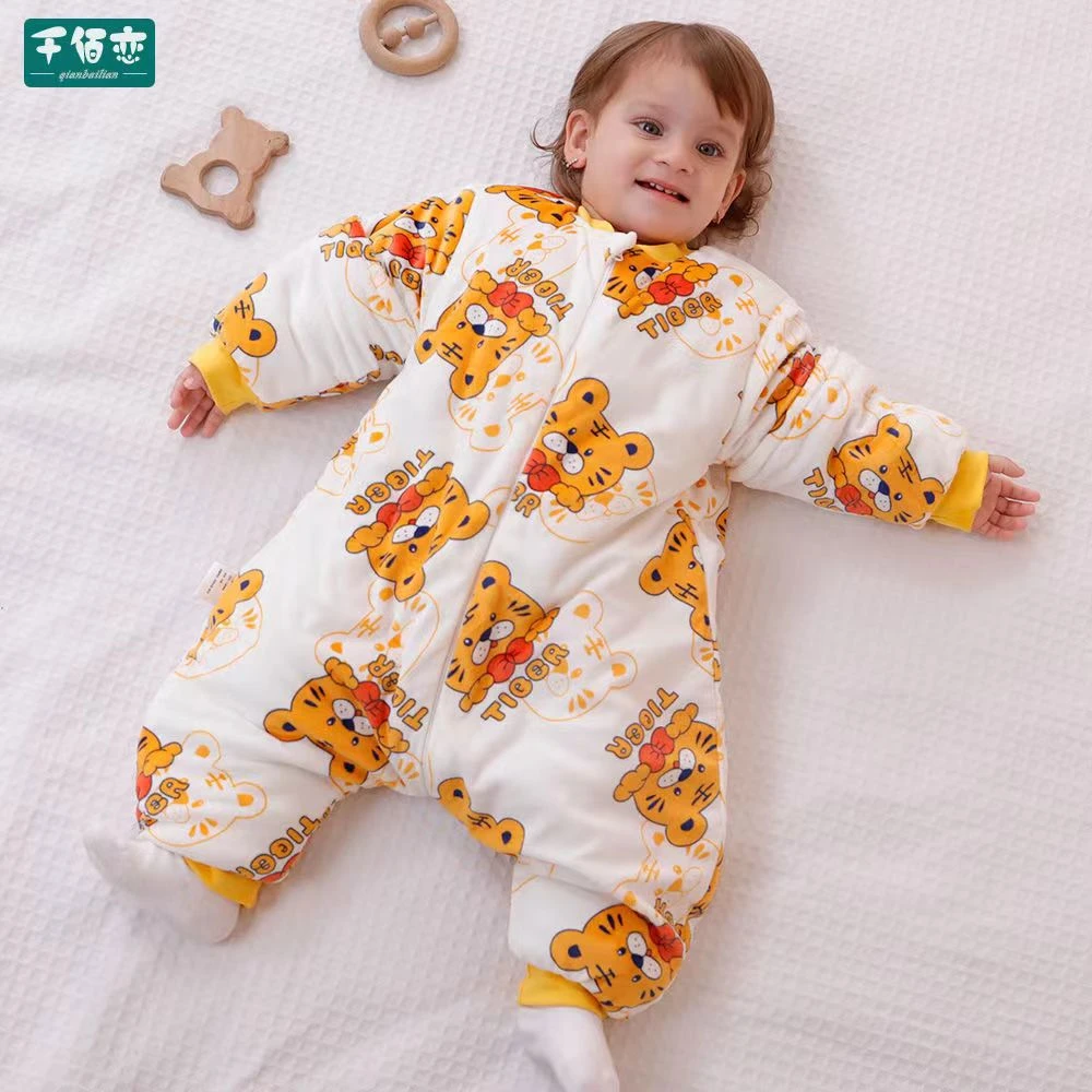 儿童加棉豆豆绒睡袋婴儿秋冬季分腿家居服加绒加厚秋冬防踢被可拆