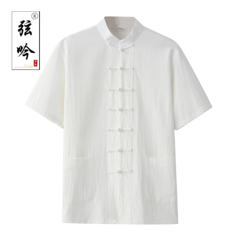 XIANYIN/弦吟夏季棉麻休闲短袖唐装国风衬衫新中式复古盘扣太极服