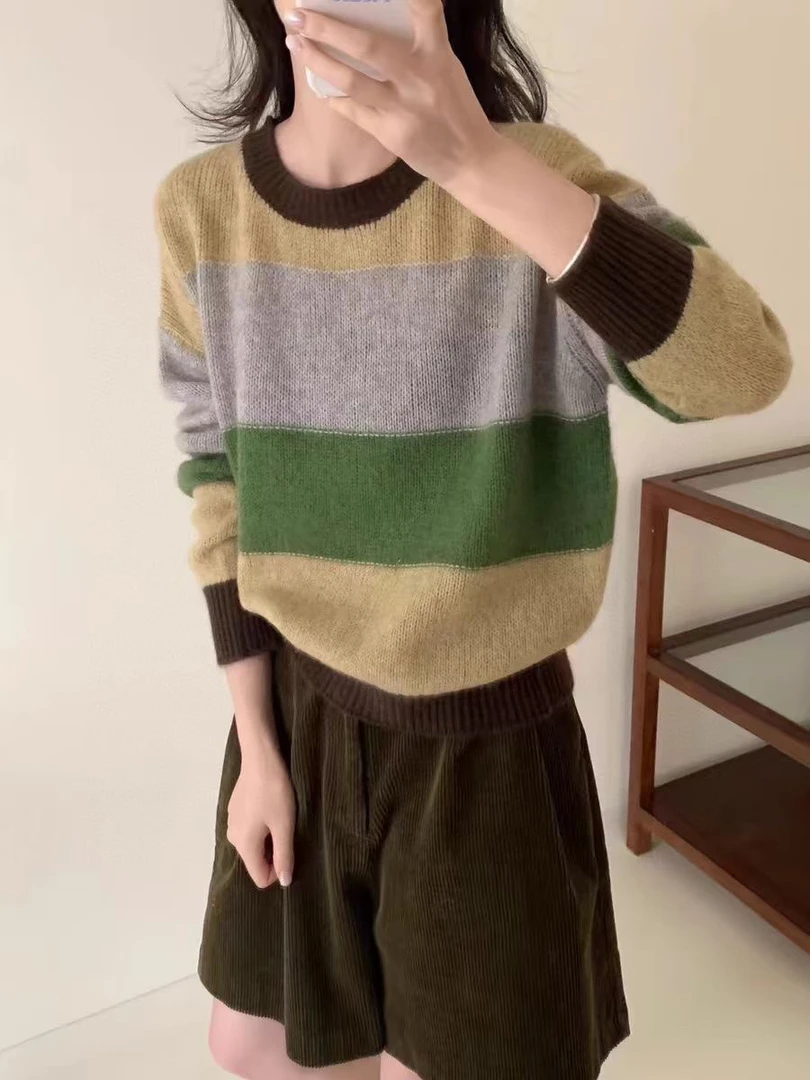 X19毛衣撞色圆领长袖套头上衣羊绒针织衫显瘦条纹(衣长63左右)