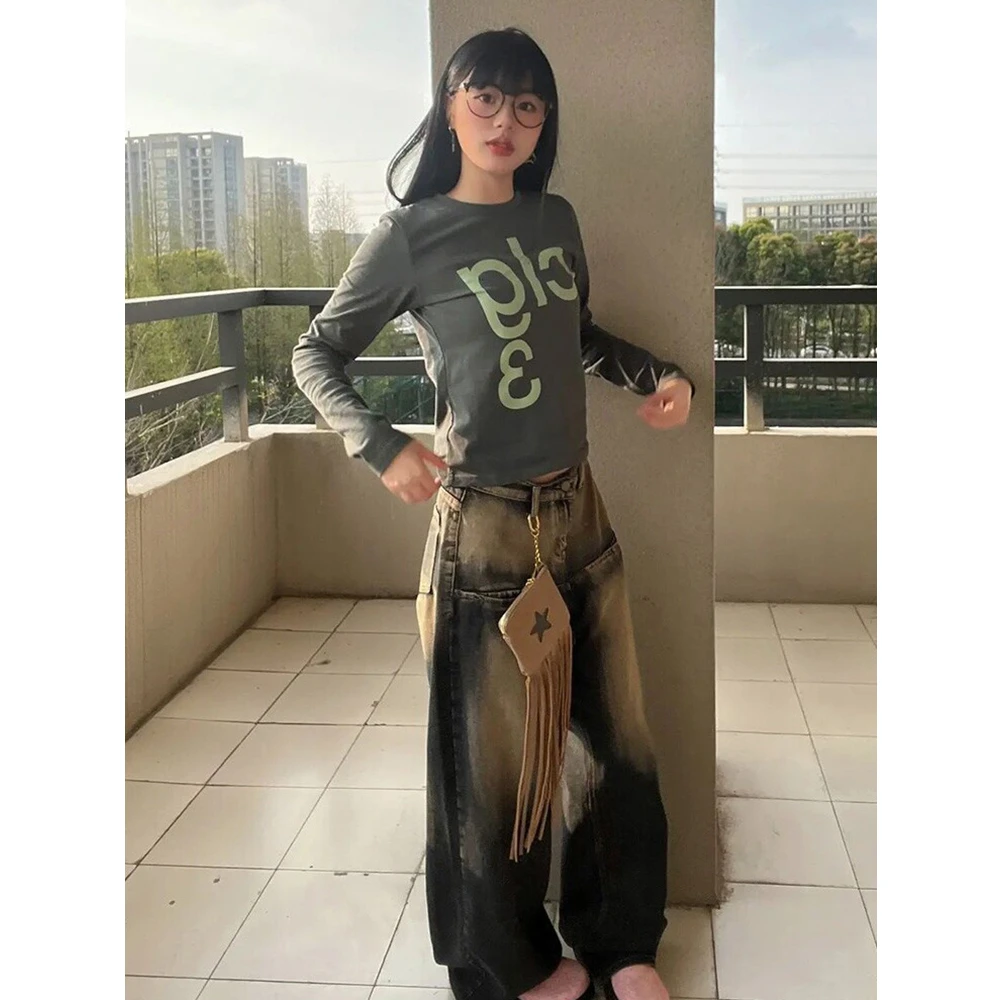 美式复古正肩长袖T恤女秋季ins字母印花辣妹修身显瘦短款打底上衣