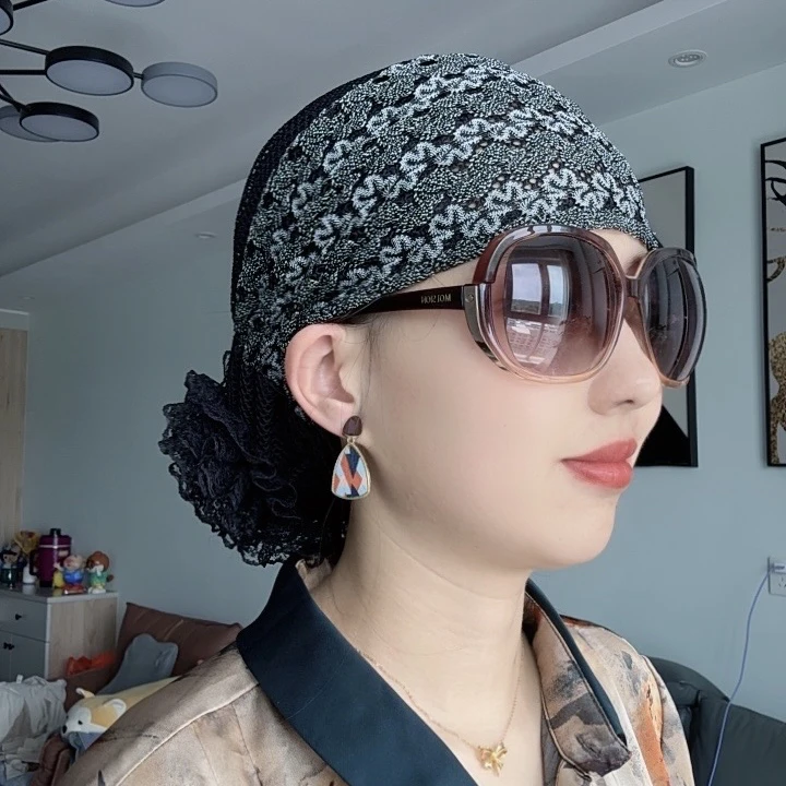 夏季时尚百搭蕾丝透气包头帽薄款女士白发洋气减龄防油烟灰尘帽子
