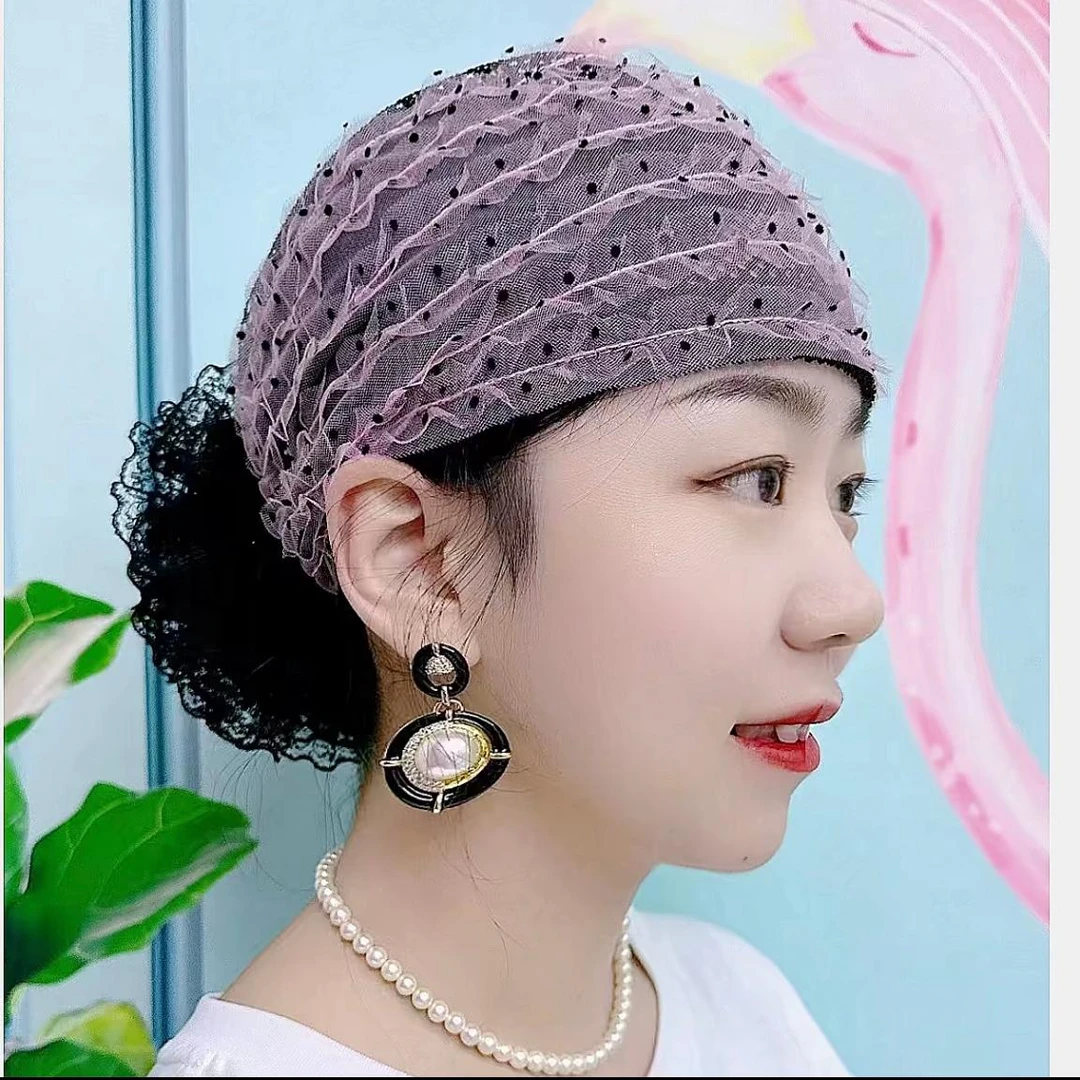 蕾丝波点遮白发的帽子包头帽网纱薄款帽子女2024新款四季女老人帽