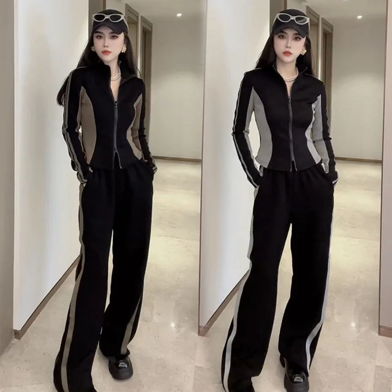 2025春秋新款休闲洋气运动套装女时尚春秋拼色立领卫衣阔腿裤套装