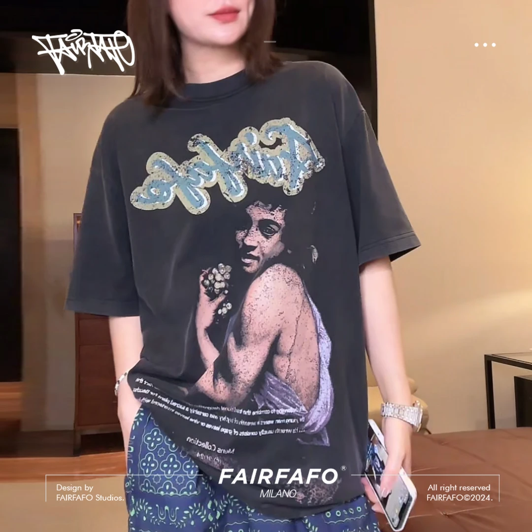 FAIRFAFO林肉肉【酒神巴克斯印花T恤】百搭黑色重磅小众TXRP43030