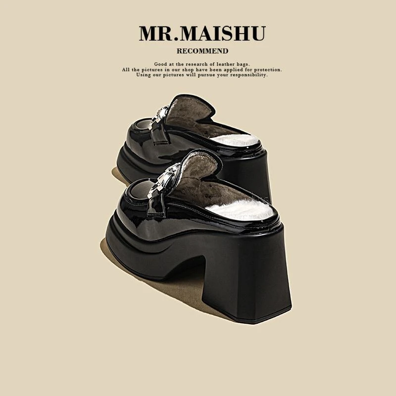 包头半拖鞋女外穿2025新款冬季加厚加绒乐福鞋增高小皮鞋毛毛鞋子