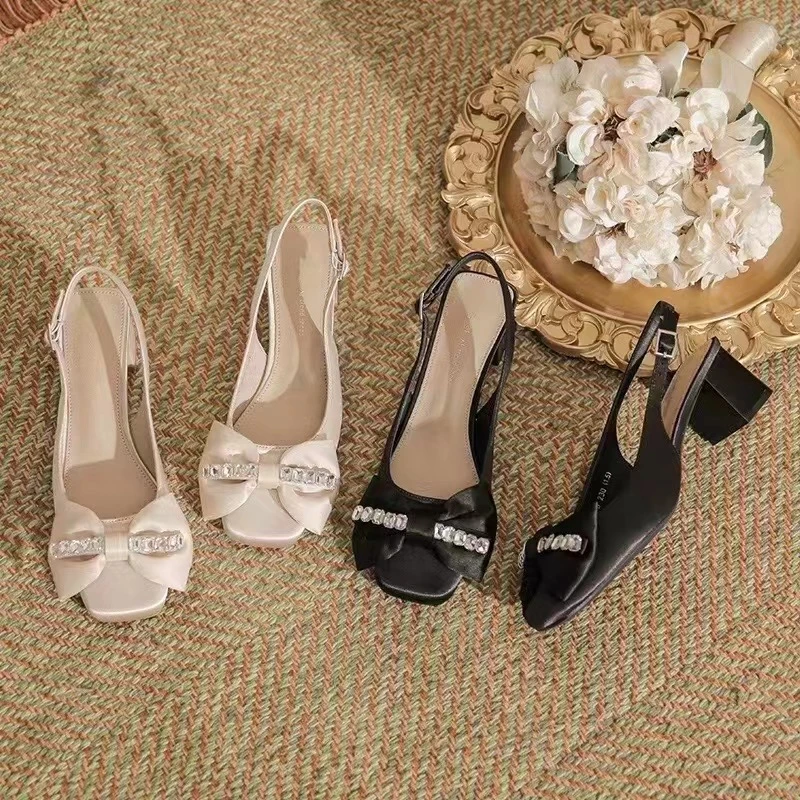 2024春夏新款气质百搭方头鞋复古粗跟女鞋前包后空浅口蝴蝶结鞋