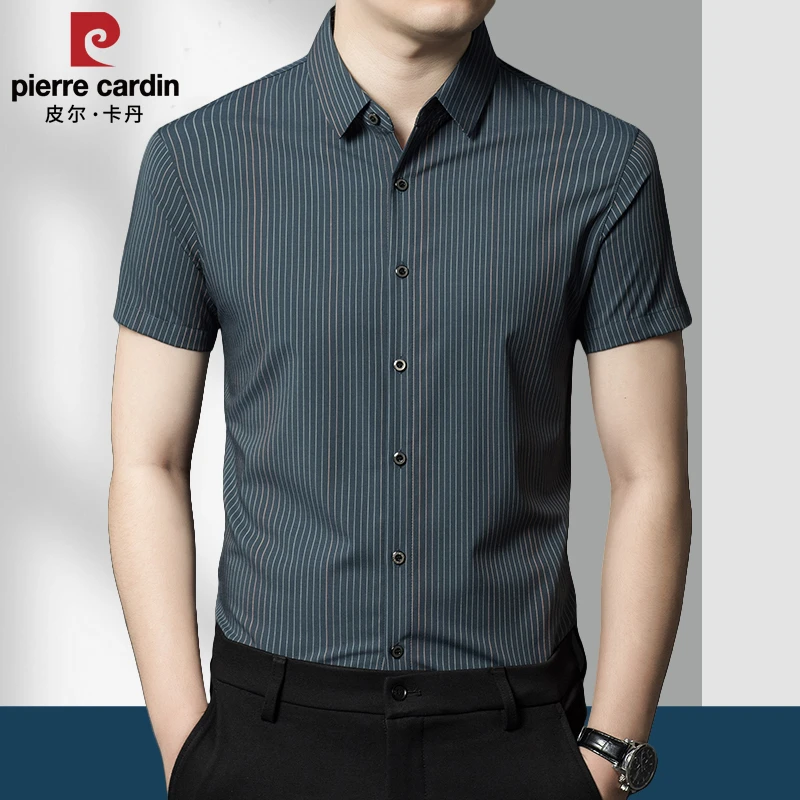 皮尔卡丹2024夏季薄款短袖衬衫男中年宽松商务休闲条纹衬衣男免烫