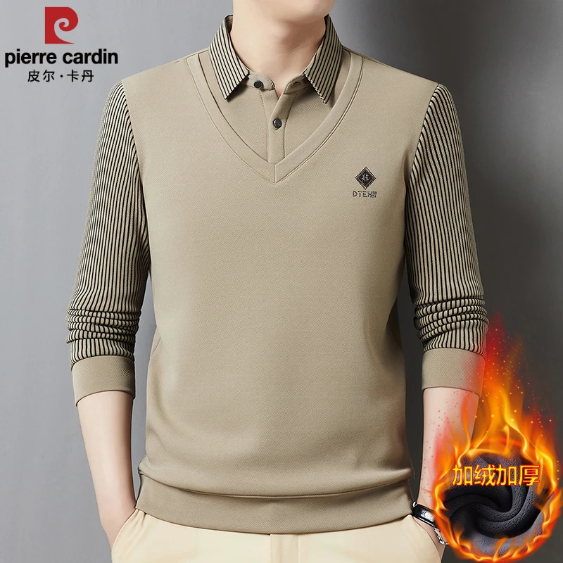 皮尔卡丹新款高档男士加绒假两件POLO衫上衣衬衫领保暖卫衣2025男