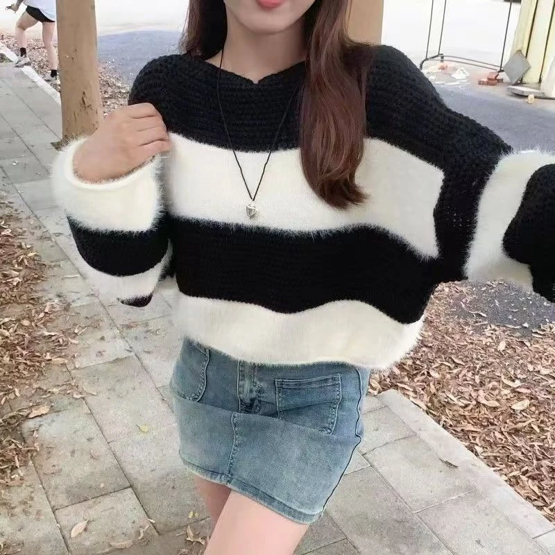 宽松慵懒风软糯圆领撞色条纹毛衣秋冬新款女装禅意仙气飘飘