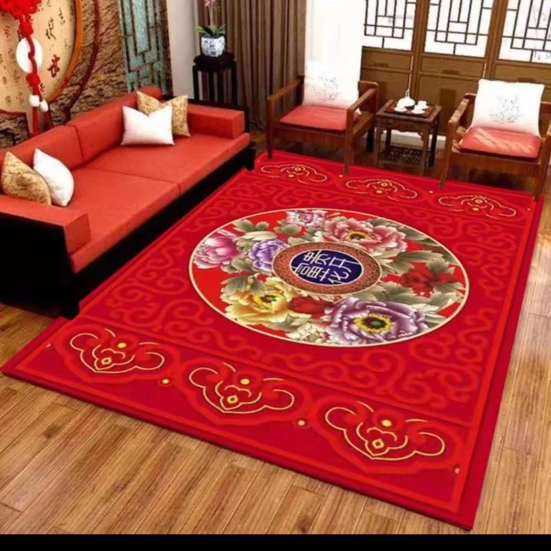 富贵花开（牡丹）家用水晶绒客厅门厅门垫地毯可水洗140CM×200CM