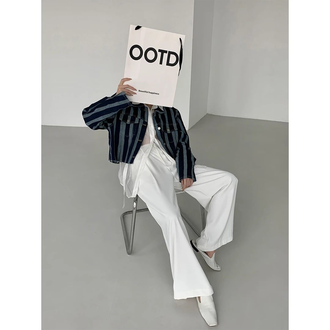 【清】P0412K2027 金属锁扣高腰直筒阔腿裤女宽松百搭纯色长裤