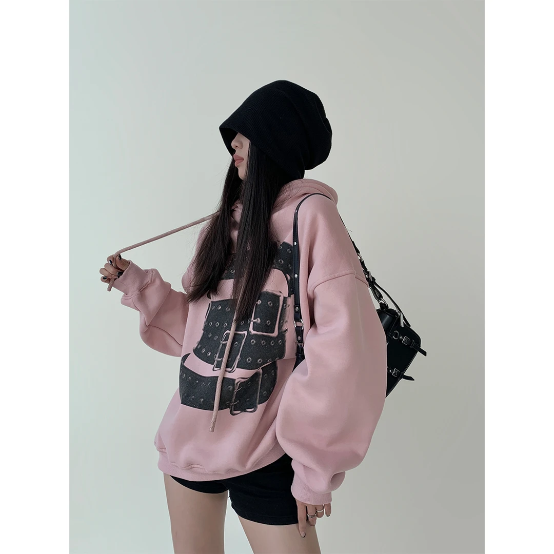 11.10 P1110Y2937 简约设计感美式印花连帽卫衣宽松新款上衣女