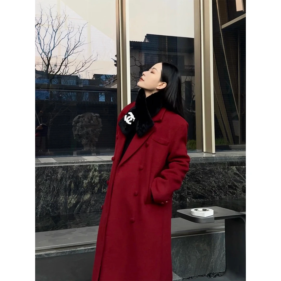 P0117D3020  秋冬翻领羊毛大衣女高级感气质长款红色外套08.03抖