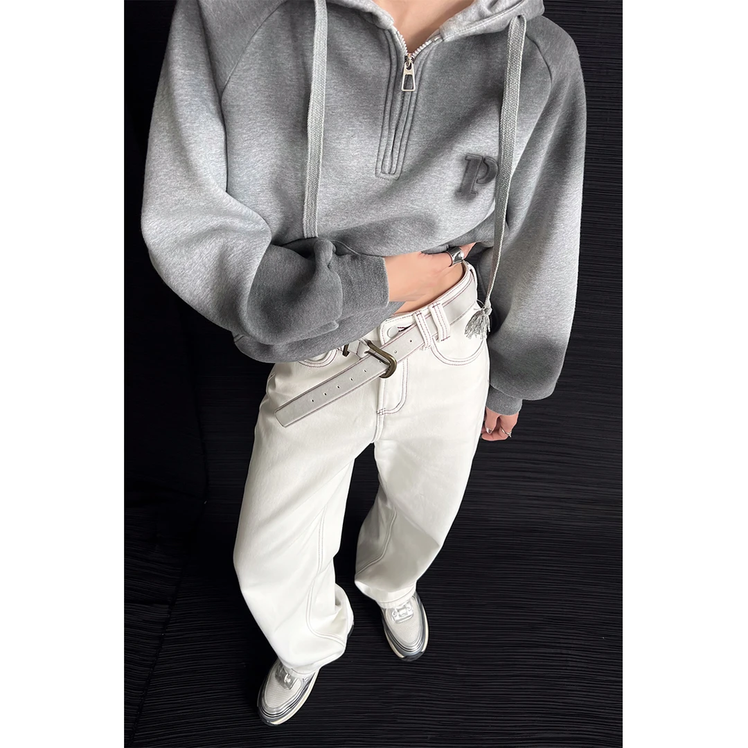 P1126K3461加绒腰带明线牛仔直筒裤女加绒秋冬长裤08.04抖