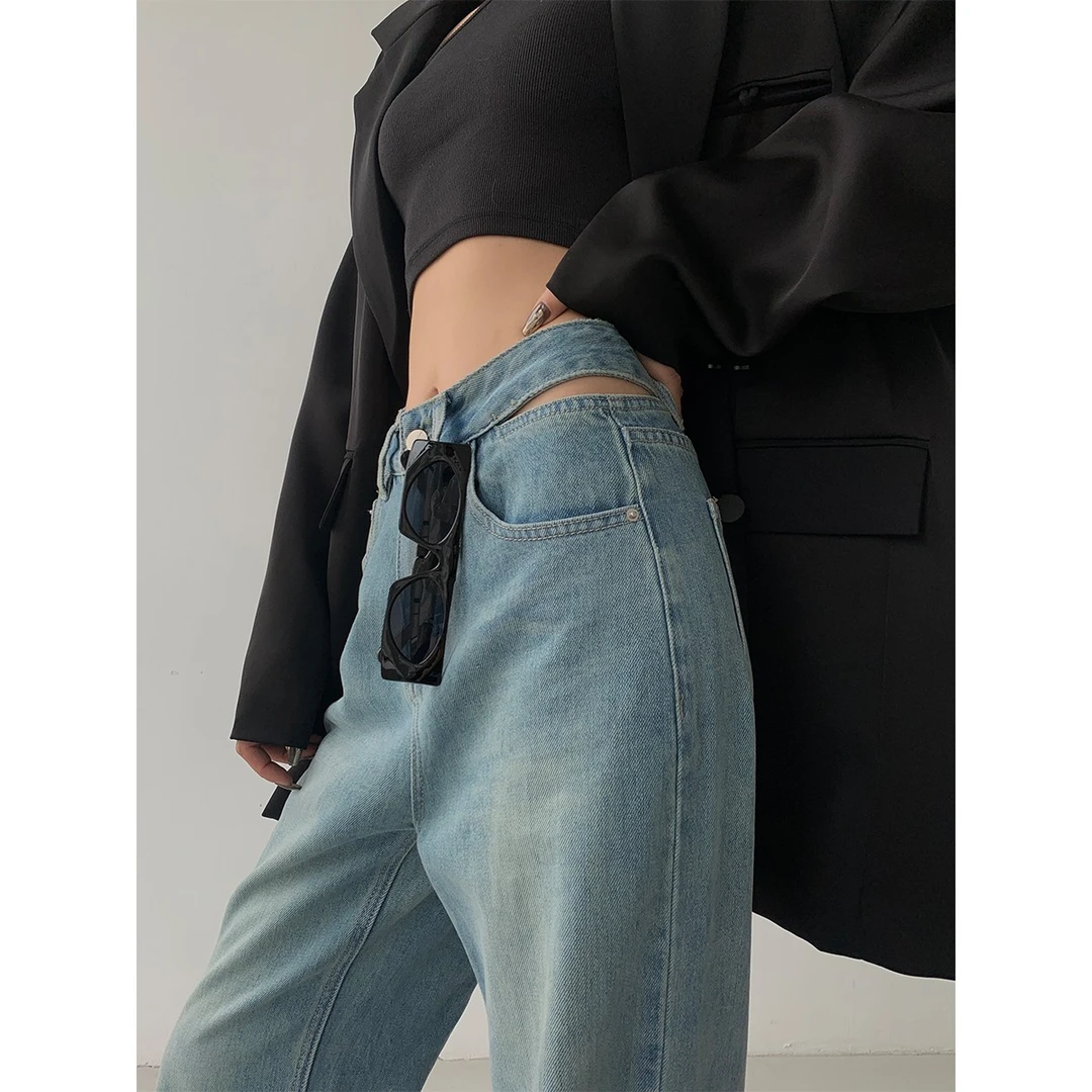 新款露腰牛仔裤镂空复古宽松高腰垂感长裤女P0822K2242  6.27