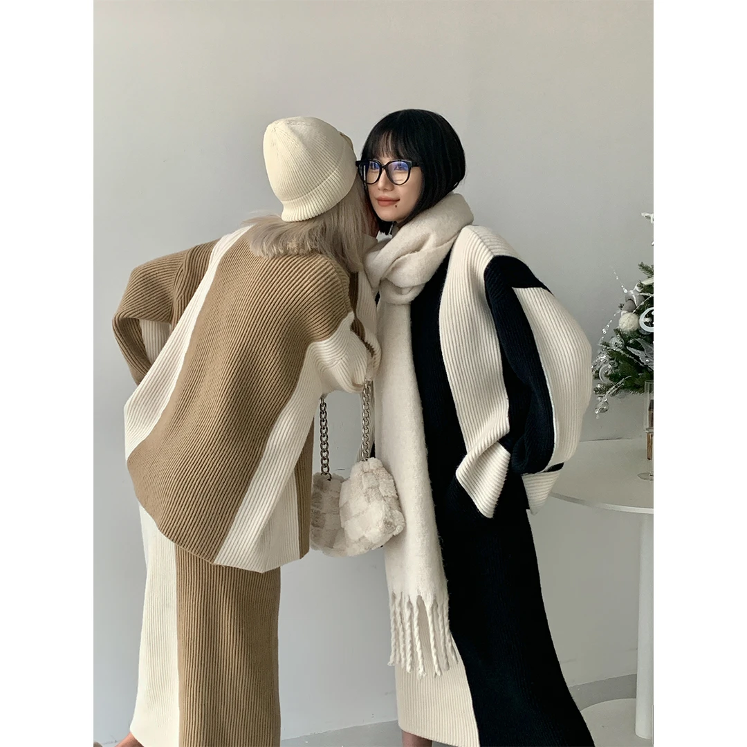 P1210Z2447小众高领毛衣两件套套装秋冬女感高腰半身长裙 08.02抖