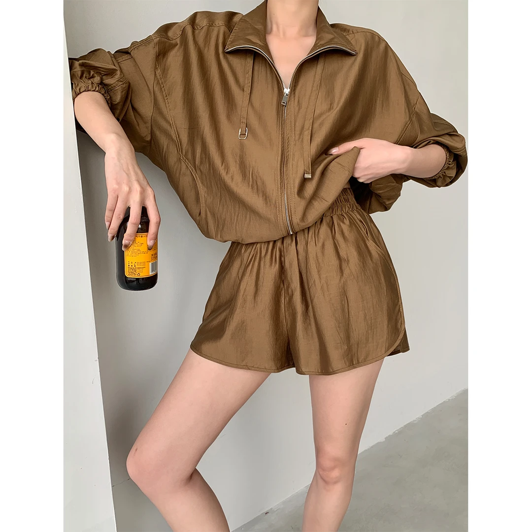 P0424Y2639 夏季天丝休闲防晒套装女双头拉链通勤两件套08.06抖