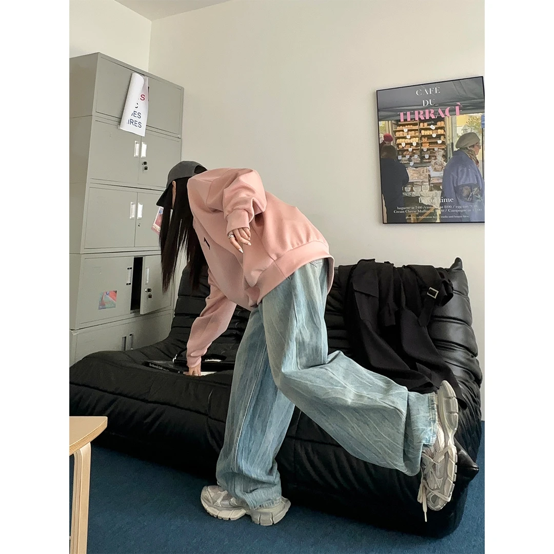 07.27  P0727K3259 四颗扣高腰直筒牛仔裤女宽松街头感拖地裤