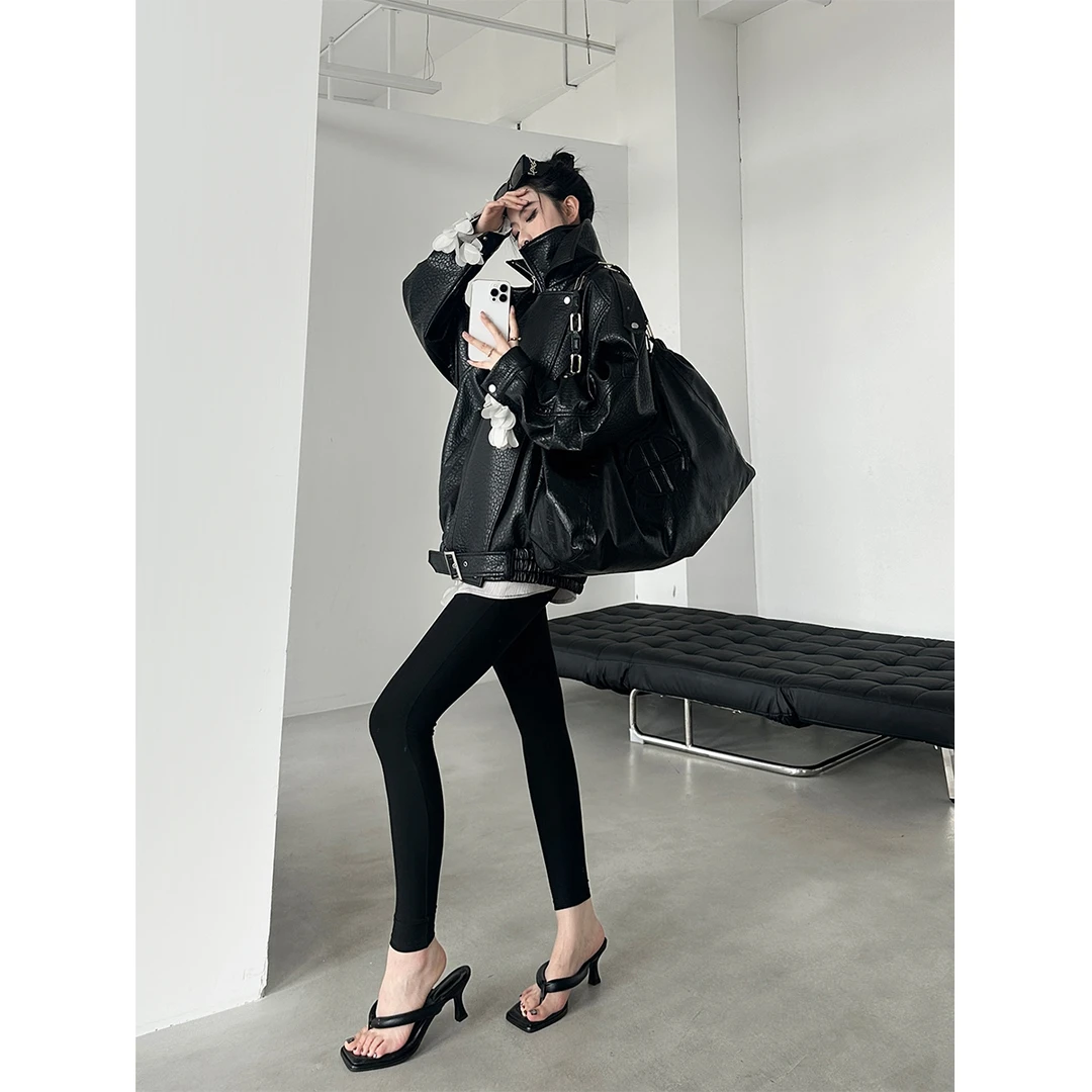 09.19  P0919Y3353皮衣夹克女哑光质感双层领不对称宽松外套