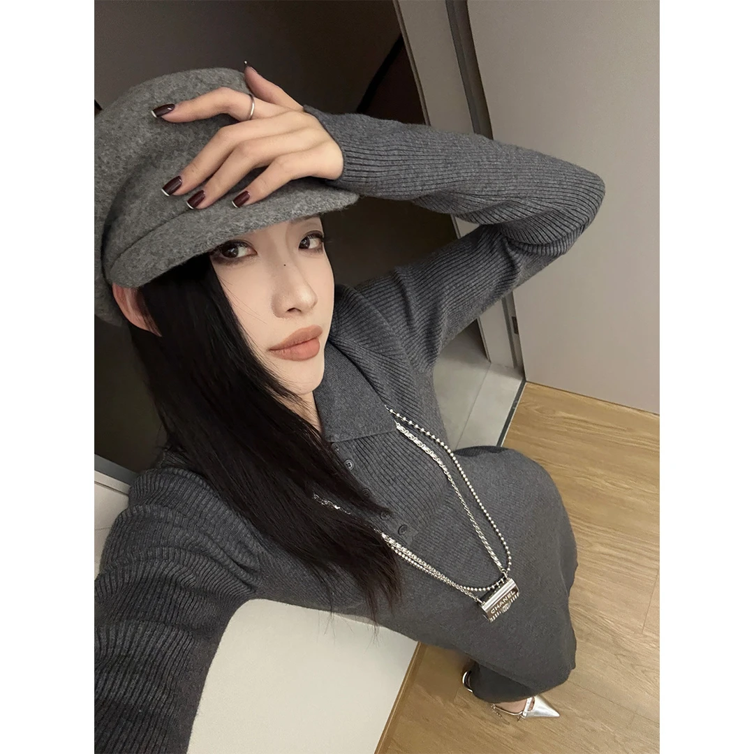 P1209Q3490修身翻领针织连衣裙女长袖基础百搭打底长裙08.04抖