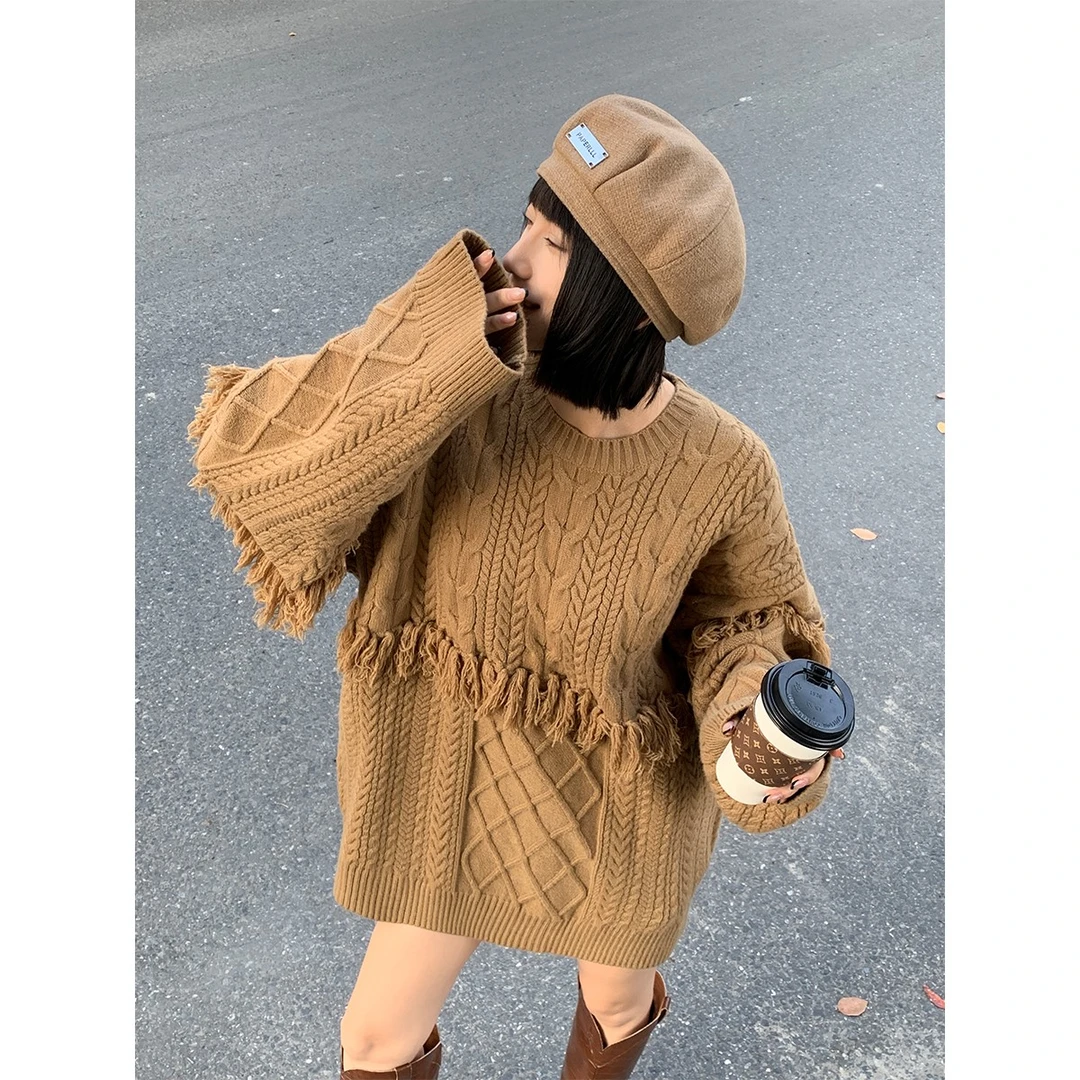 P1124Z2415 设计感慵懒毛毛流苏毛衣女中长款麻花加厚衣 08.02抖