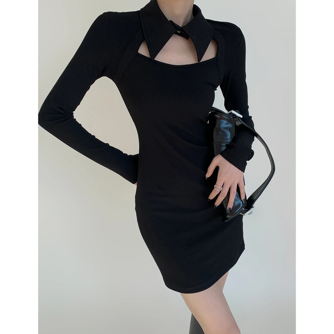 02.25 P0214Q1921 时髦炸街款衬衫领镂空紧身连衣裙女