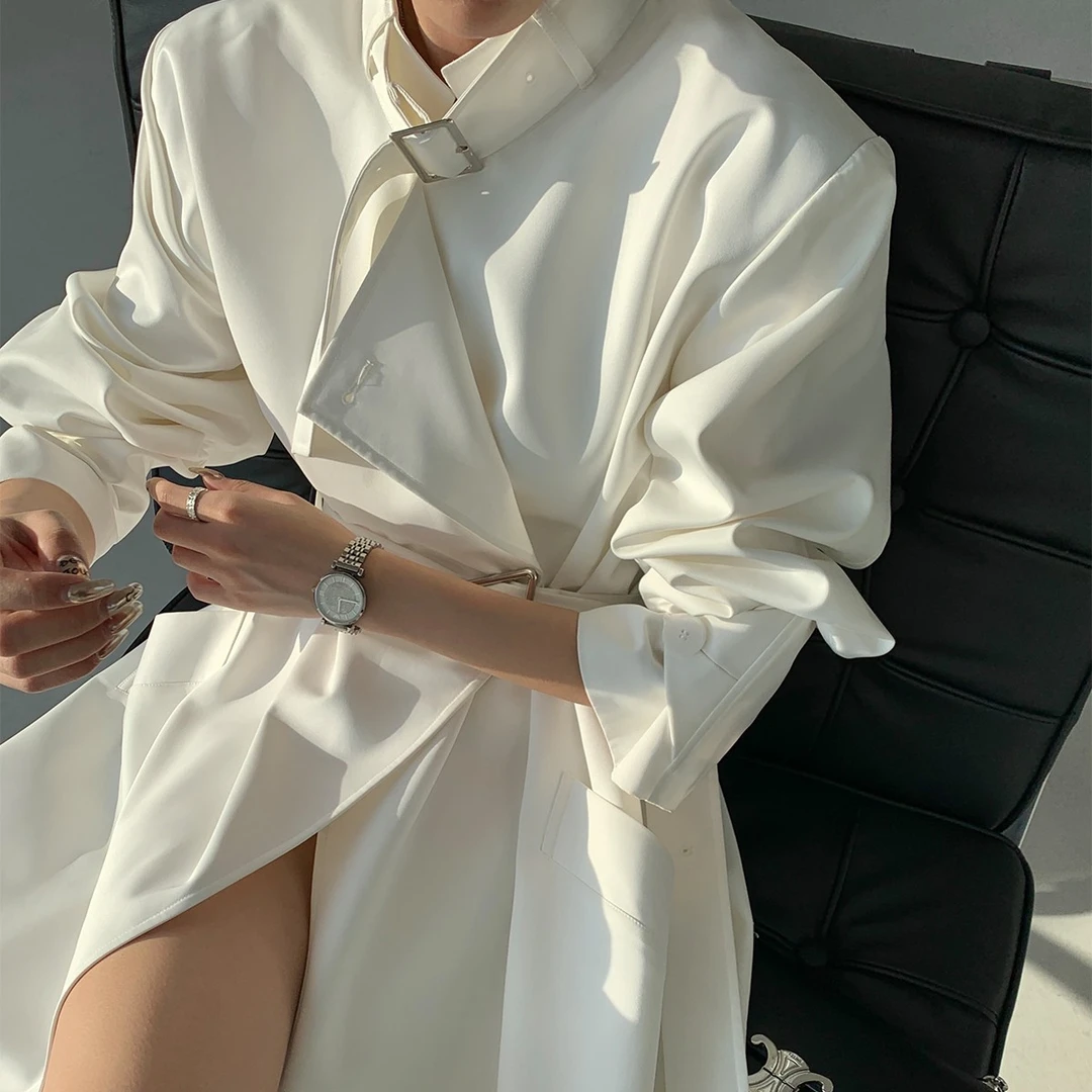 P0822Y2246春秋黑色立领长款风衣外套女高级感大衣港风08.05抖