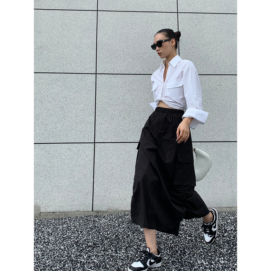 P0531Q2684 开叉工装半身裙女夏长款侧收褶设计O型裙