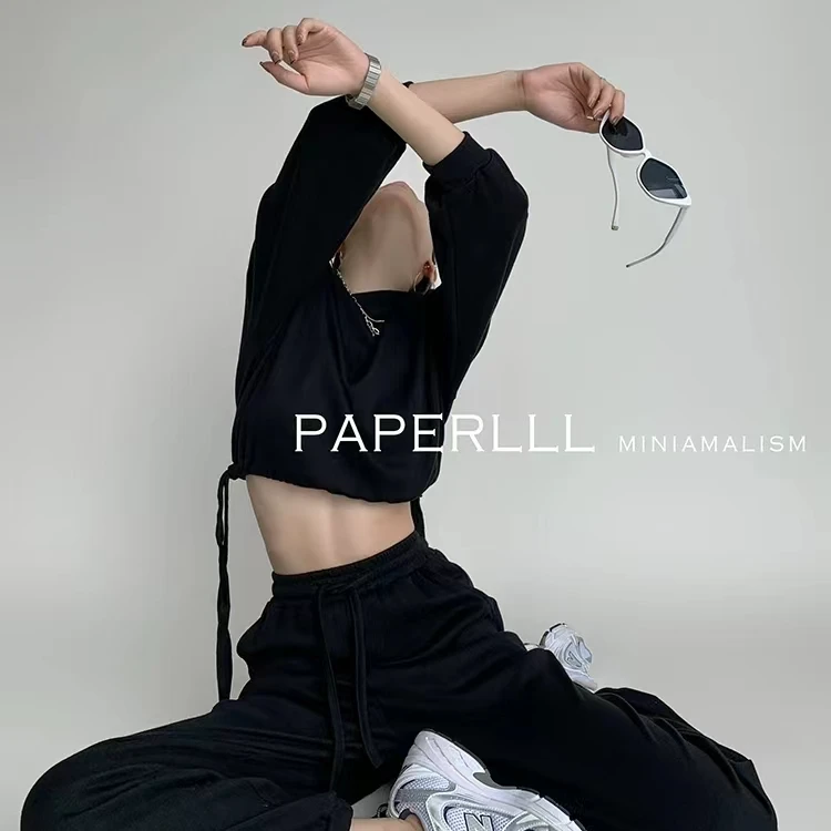 P0214Y1902 ins百搭极简休闲运动套装女抽绳短上衣08.08抖