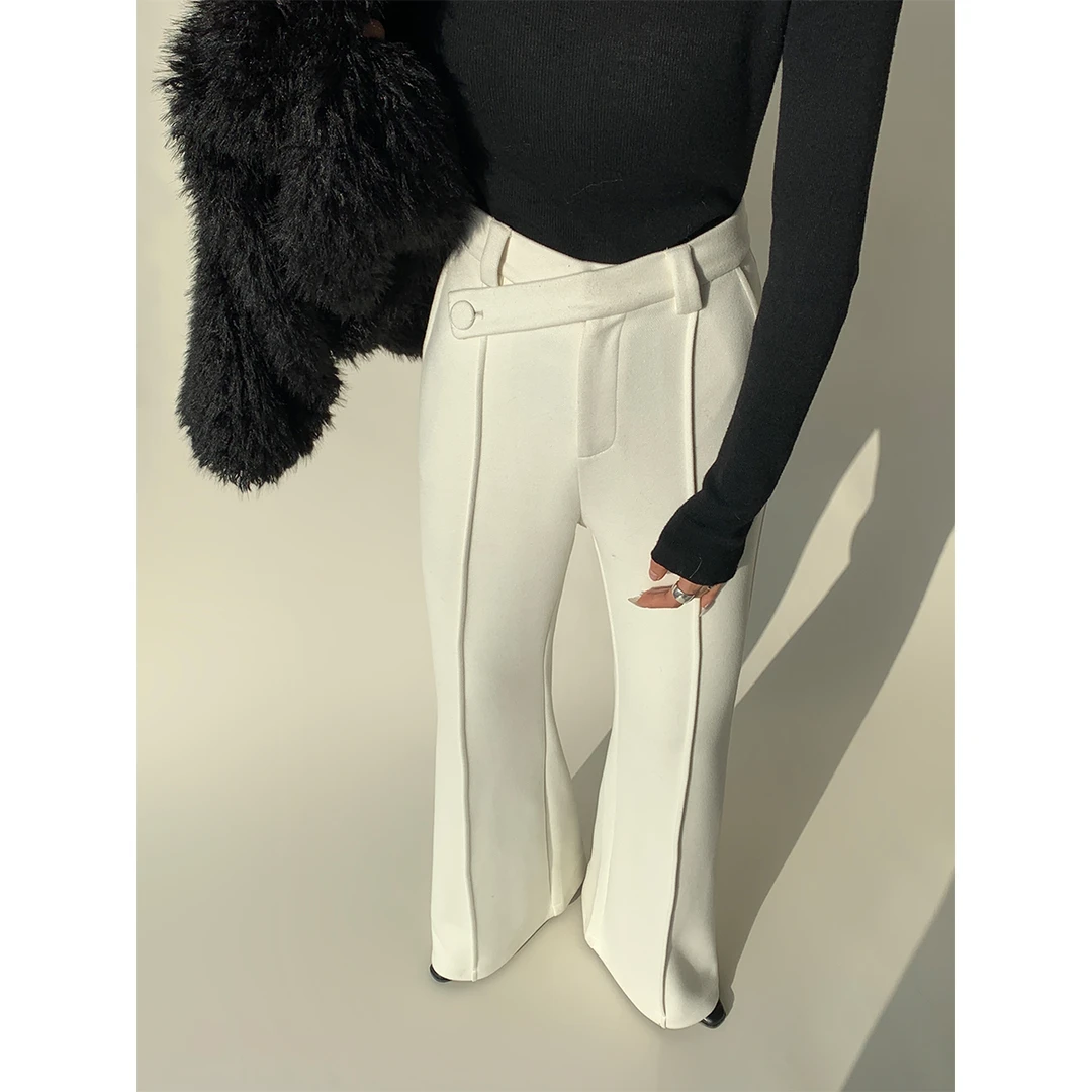 P0117K3017 新款毛呢不规则腰头包头裤女设计感喇叭裤08.03抖