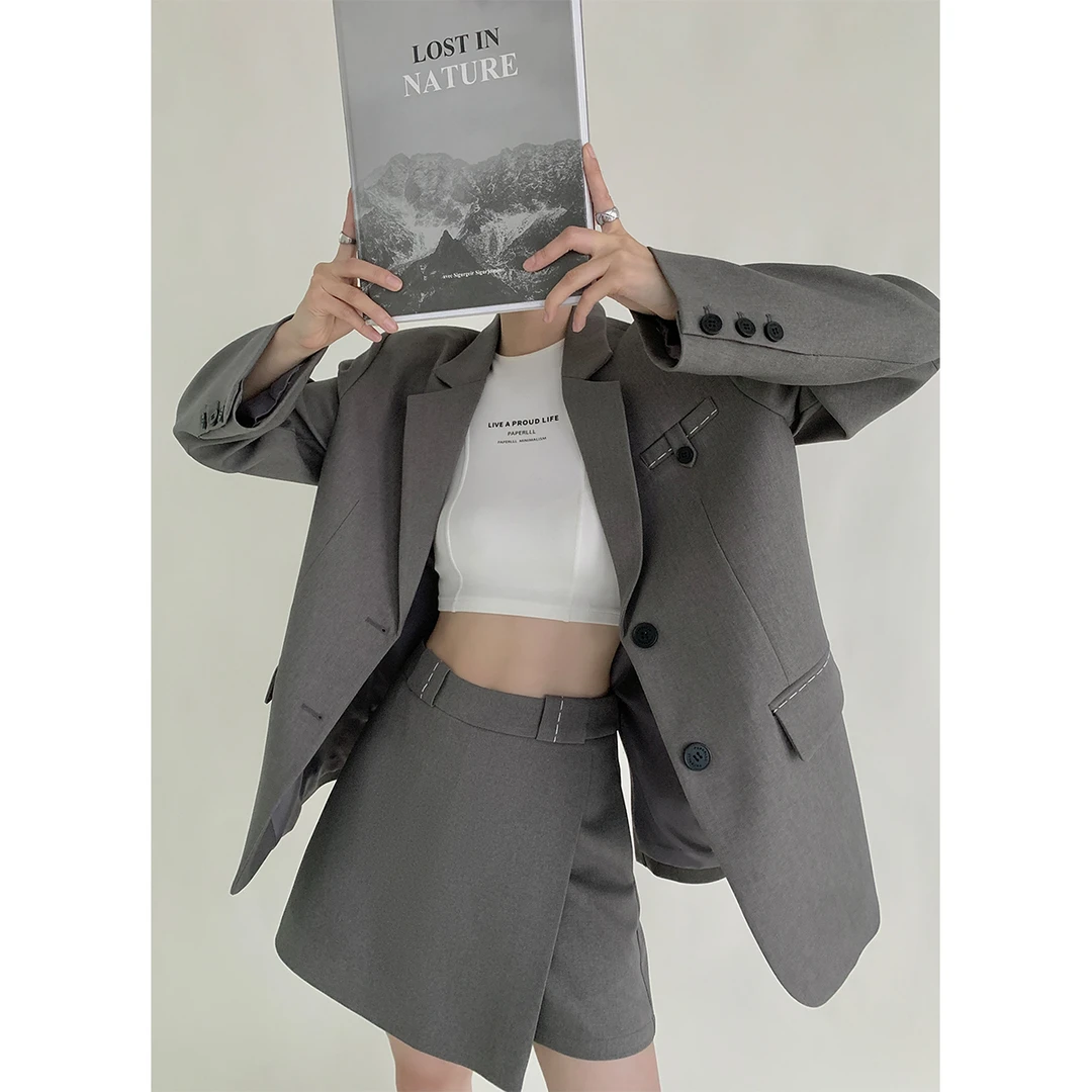 P0820Y3316  明线西装外套半裙套装女秋拱针西服上衣斜片a字裙裤