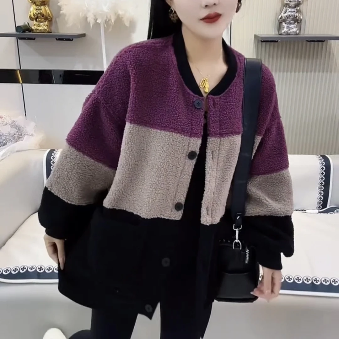 2024秋冬新款加厚颗粒绒网红爆款棒球服撞色拼色洋气百搭外套女潮