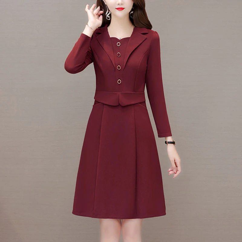 小矮个子中年妈妈连衣裙长袖2023新款假两件高档女秋装时尚洋气减