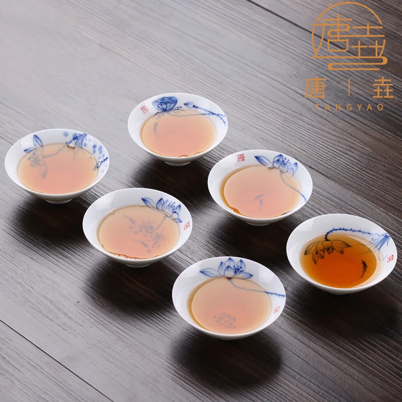 青花手绘斗笠杯大号主人杯陶瓷茶具茶杯手工品茗杯普洱杯茶盏茶碗