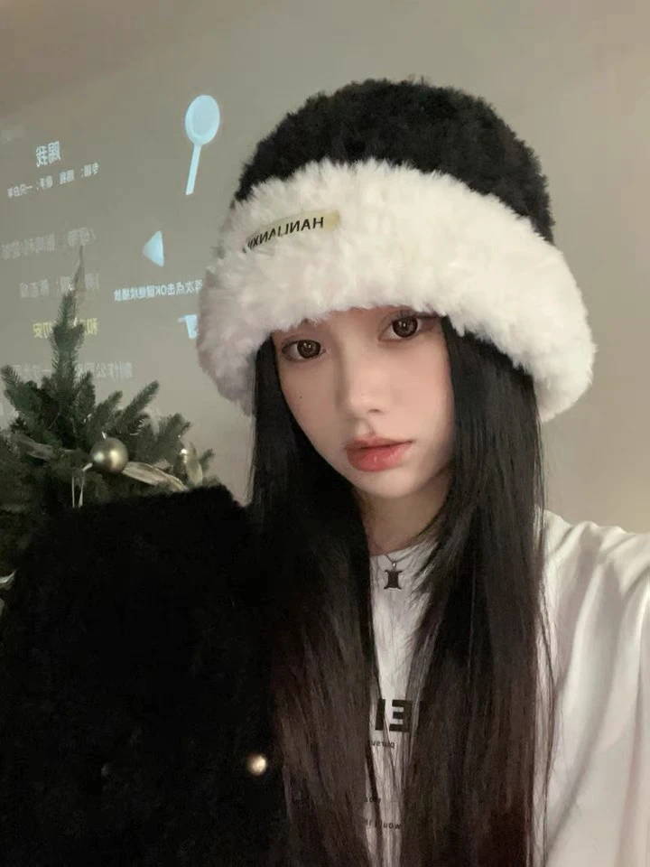 【拼色毛绒帽】秋冬季新款加绒加厚包头帽女休闲百搭针织帽女帽子