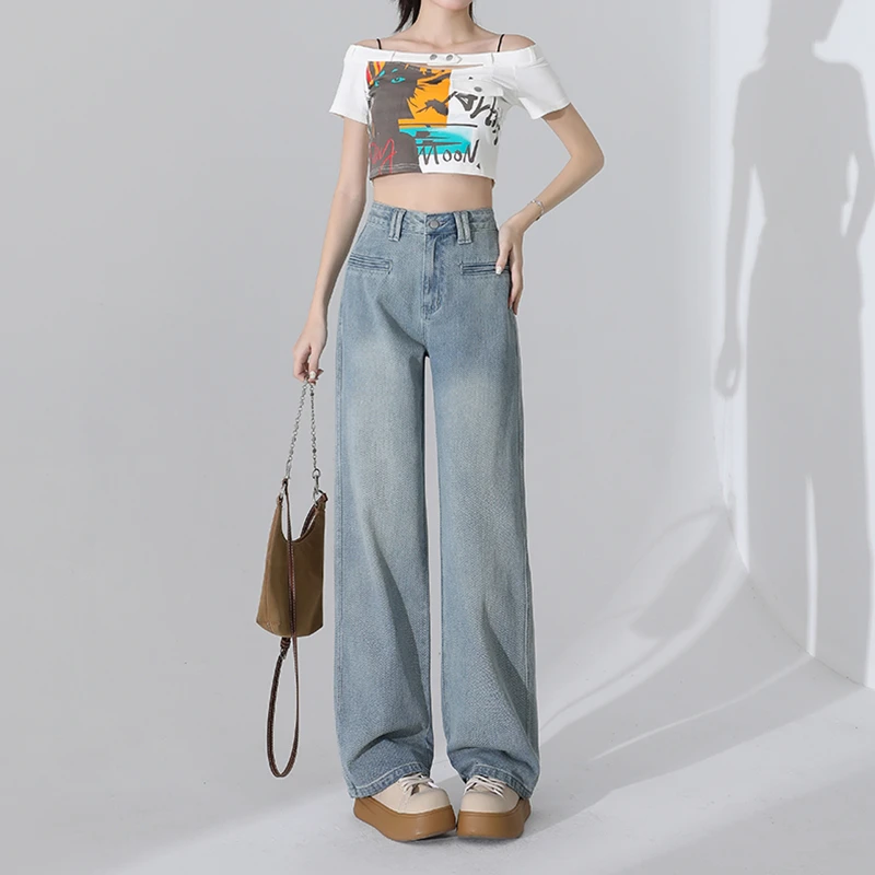 复古星空纹土耳其浅蓝高腰直筒小个子女微胖显瘦垂感阔腿牛仔裤