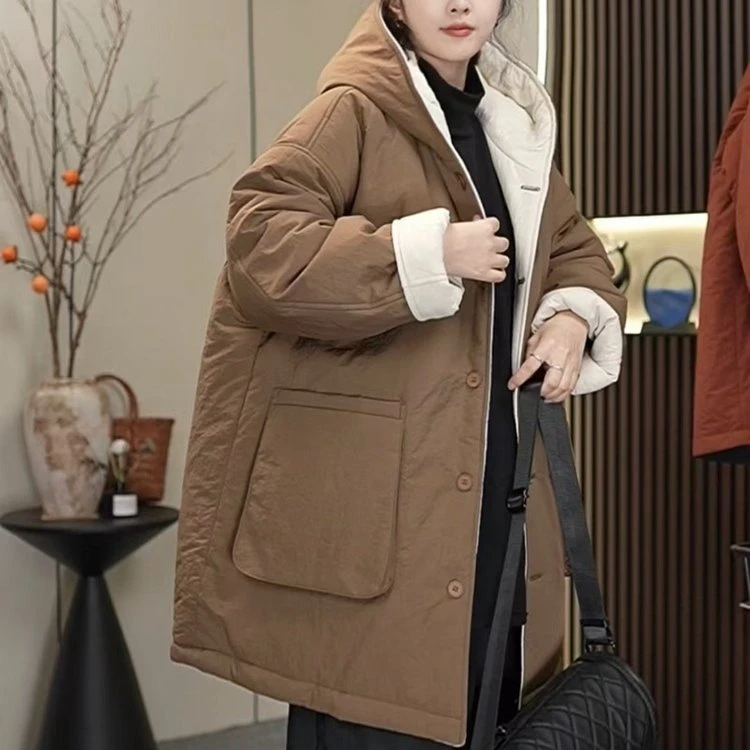 冬季加棉保暖连帽棉衣2024休闲宽松潮流中长款时尚韩版棉服女