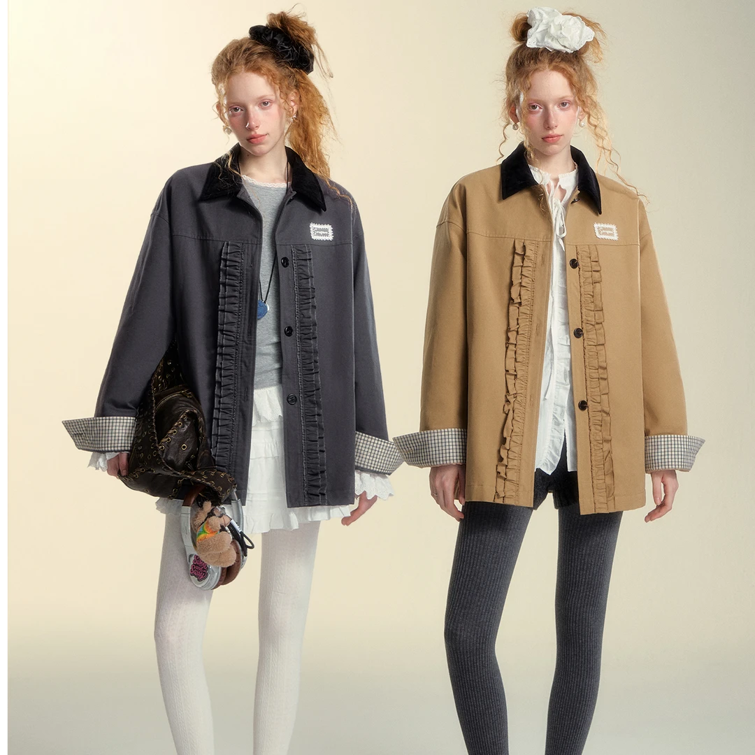 SOMESOWE撞色翻领木耳花边棉服