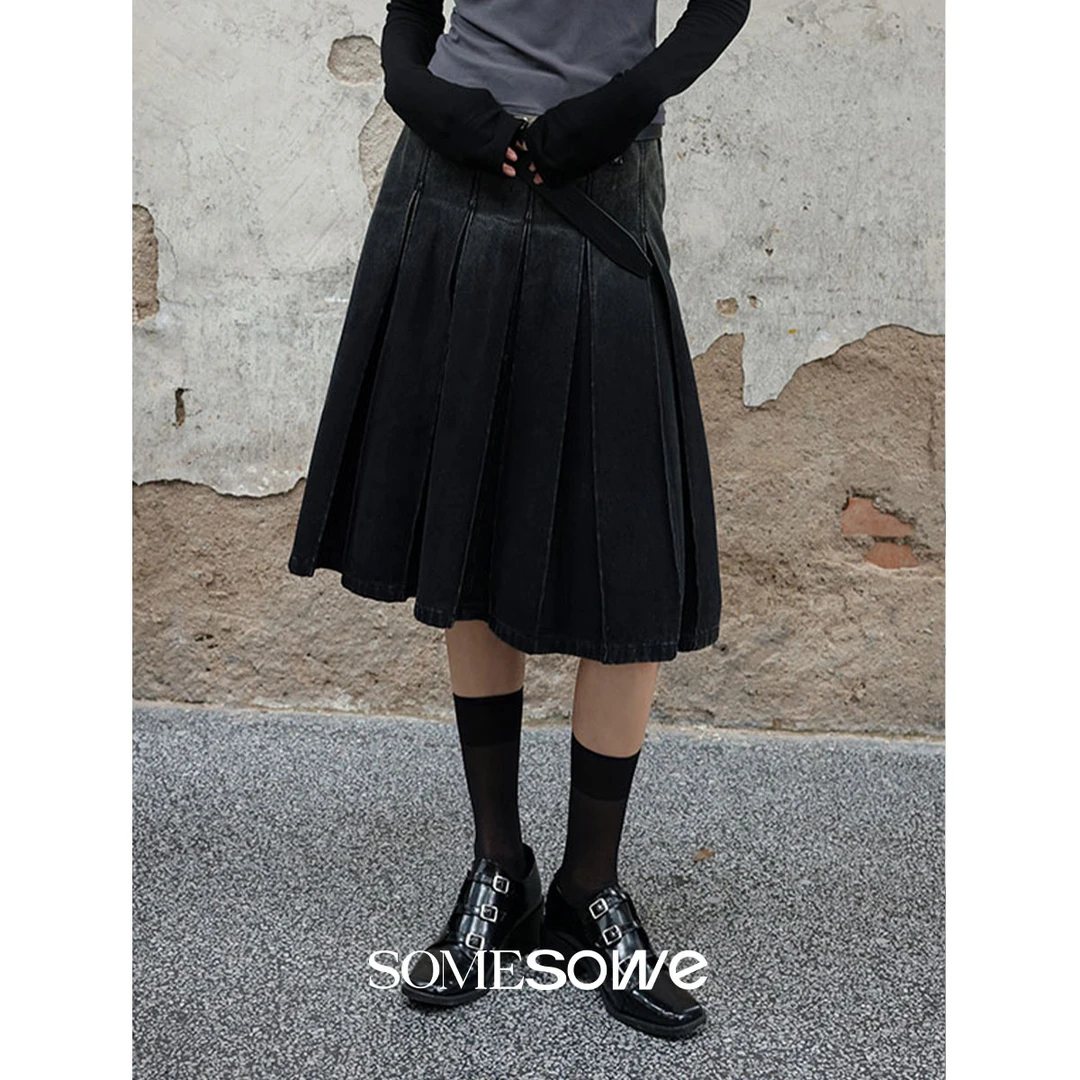SOMESOWE【官方专享】水洗渐变压褶牛仔中裙