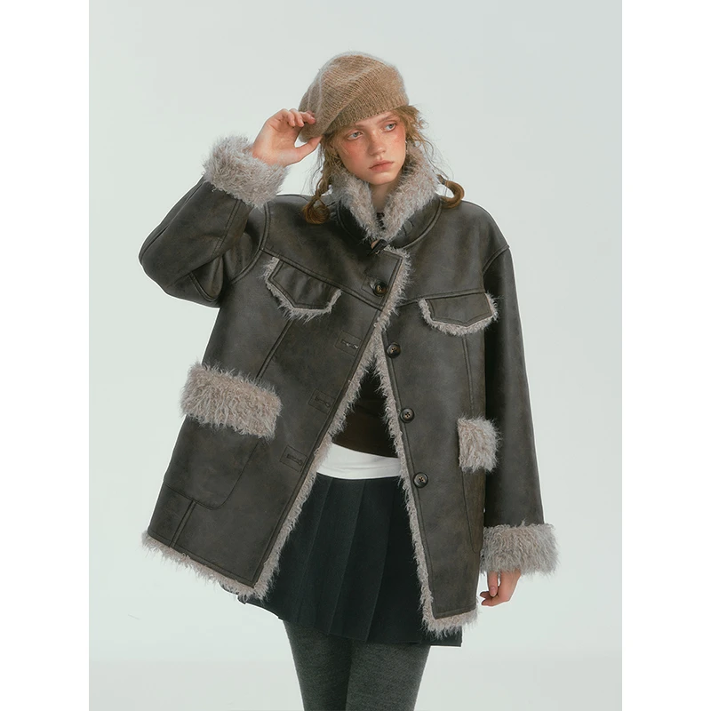SOMESOWE撞色皮毛一体毛绒外套